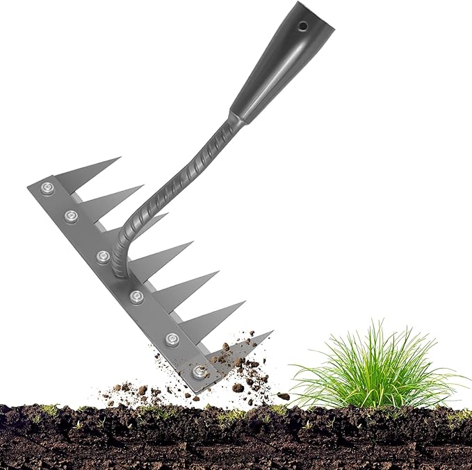 Iron Weeding Rake 2.0, New 5/6/7/8 Teeth Carbon Steel Garden Weeder Rakes, Weeder Puller Tool for Yard Lawn and Garden, Heavy Duty Metal Rake for Lawn, Flower Beds & Soil Aeration (7 Teeth)