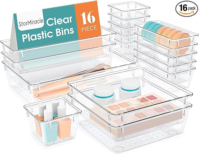StorMiracle 16 PCS Drawer Organizer Set, 5 Varied Size Bathroom and kitchen Drawer cabinet organizer Trays, Clear Storage Bins for Makeup, Jewelry, Utensils and Gadgets