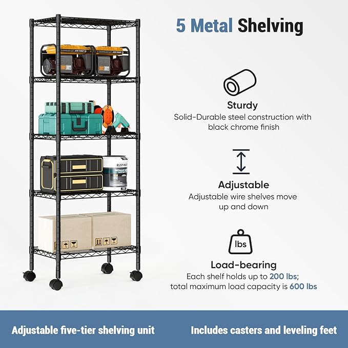 DUMOS 2 Pack 4Tier 5Tier Metal Shelving, Heavy Duty Shelves Wire Shelving Unit with Removable Wheel Casters, Shelves Organizer for Bathroom Garage Living Room Kitchen Pantry Laundry