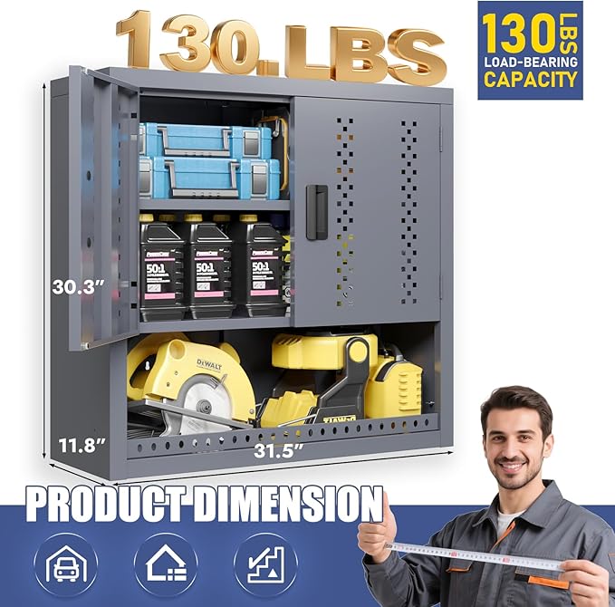 Metal Garage Storage Cabinet Industrial Style Wall Garage Cabinets with 2 Doors Open Storage and Adjustable Shelf Wall Mounted Steel Hanging Cabinet for Warehouse Kitchen Laundry - Assembly Required