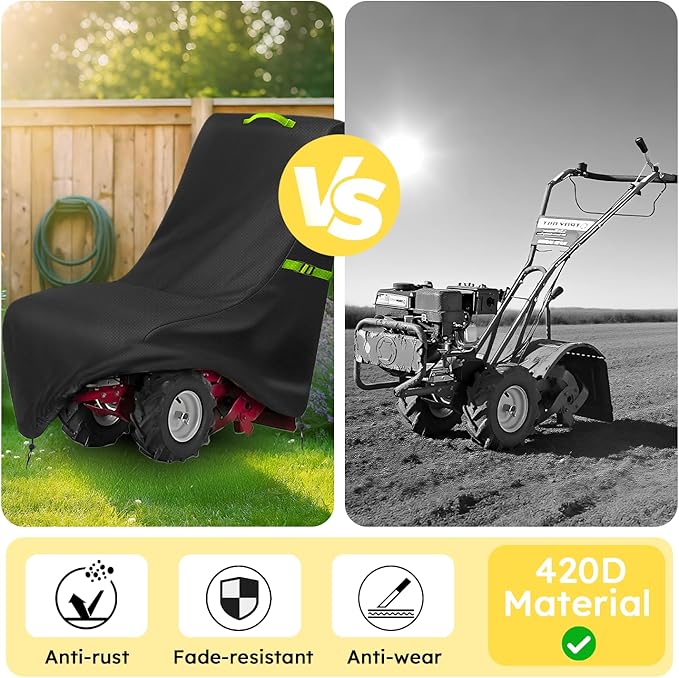 Tiller Cover, Rototiller Covers, 420D Silver-Coated Waterproof Fabric, Adjustable Drawstring Hem, Green Handle & Rear Waist Band – Fits Most Tillers (Black, Electric Tiller Cover)