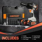 COMOWARE Cordless Impact Wrench, 1/2 Inch 1000N.m (780Ft-lbs) High Torque 20V Brushless Power Impact Driver Kit for Automotive DIY, 4.0Ah Li-ion 2 Battery, 5 Pcs Impact Sockets with Case