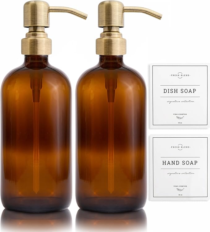 Vine Creations Amber Glass Soap Dispenser, 2 Pack Kitchen Soap Dispenser Set with Stainless Steel Pump, 16 oz Dish Soap and Hand Soap Dispensers for Bathroom with Waterproof Labels