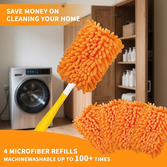 Reusable Duster Refill Compatible with Swiffer Hand Duster - 360 Heavy Duty Microfiber Duster Refills - 4 Pack for Ceiling Fans, Furniture, and Electronics (Orange,Handle is Not Included)