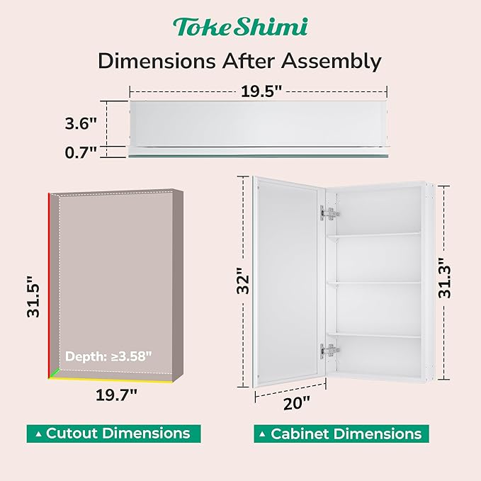 TokeShimi 20x32 Bathroom Mirror with Storage Tempered, Aluminum White Recessed Medicine Cabinet with Mirror Frameless Stepless Adjustable Shelf, Surface Mount Medicine Cabinet for Bathroom