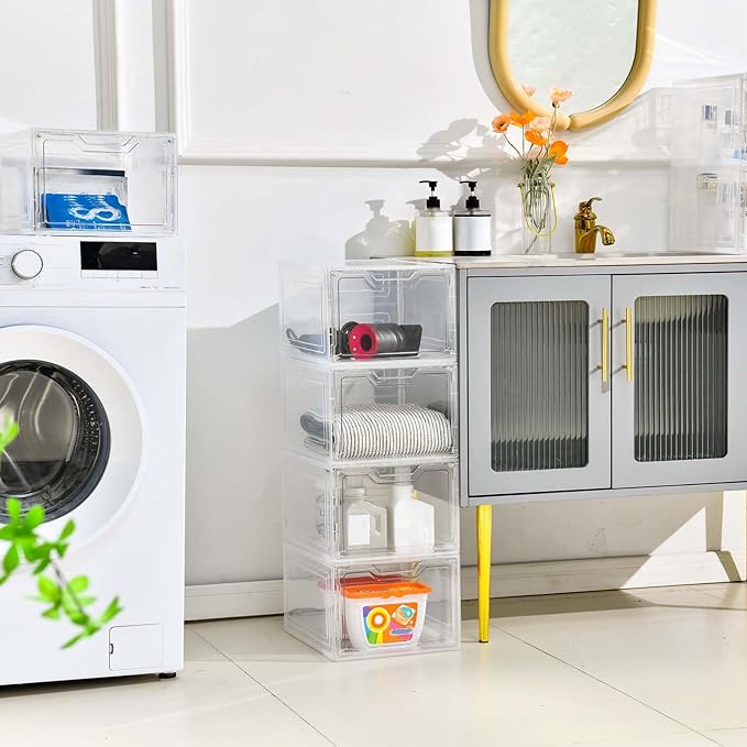 6 Pack Closet Organizers and Storage,Clear Stackable Plastic Storage Bins with Lids Magnetic Doors,Clothes Organizers and Storage,Plastic Craft Containers for Wardrobe Kitchen Bathroom Office