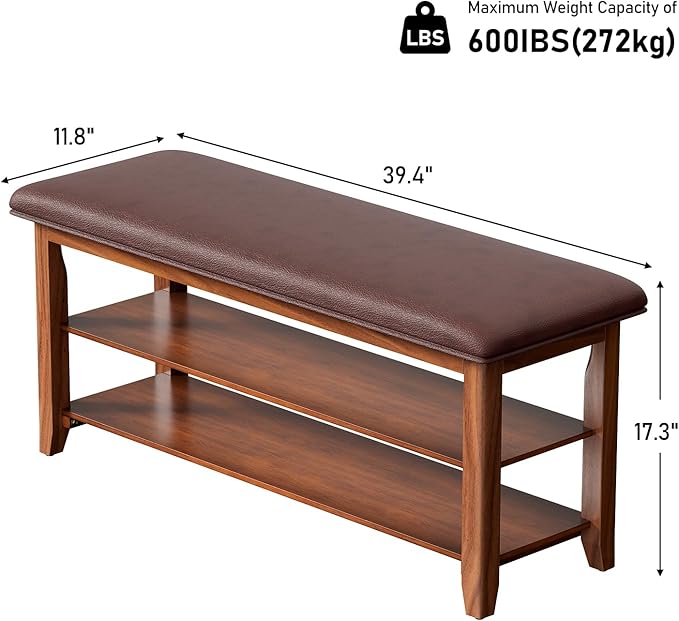Shoe Bench with Leather Cushion, Shoe Organizer Bench for Entryway, Rubberwood Entryway Bench for Hallways, Front Doors, Entrances, Mudrooms (Two Floors, 39.4)