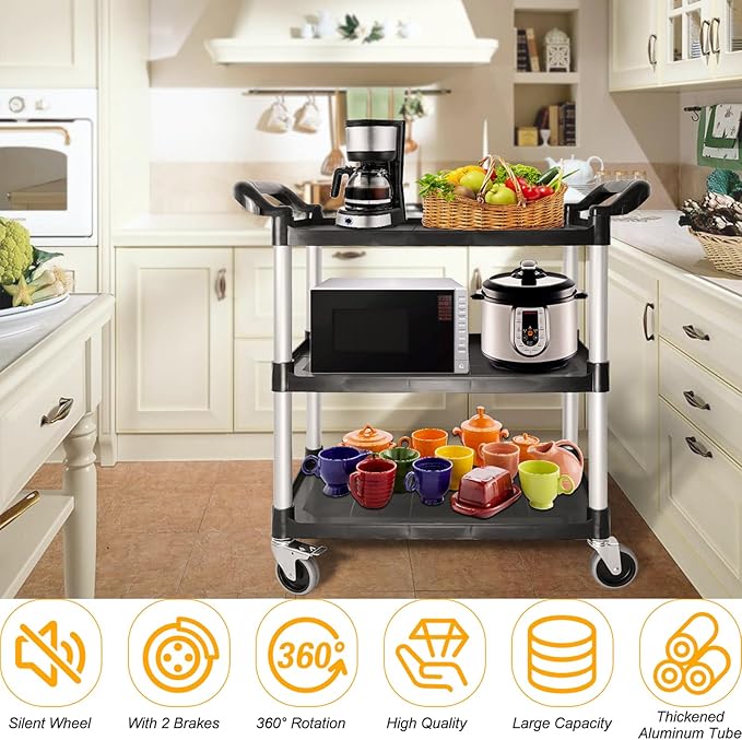 Utility Carts with Wheels, Large Size 3 Tier Rolling Cart with Lockable Wheels, Heavy Duty 600lbs Capacity Food Service Cart for Restaurant, Kitchen, Home, Warehouse, Office