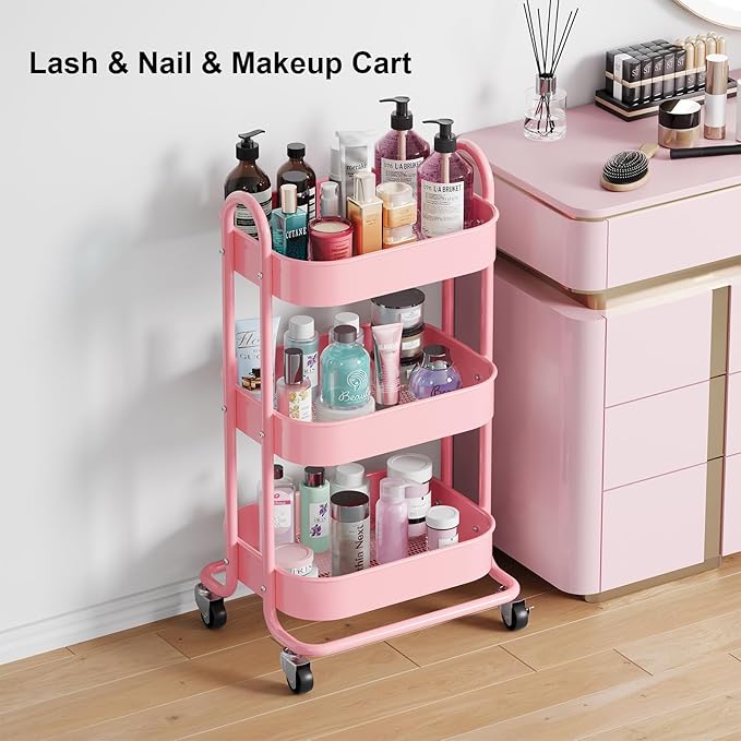 3 Tier Rolling Storage Cart Metal with Lockable Wheels & Reinforced Handle, Three Tiered Art Cart Organizer on Wheels, Pink Utility Carts for Kitchen, Bathroom, Garage, Baby Diaper, Craft, Teacher
