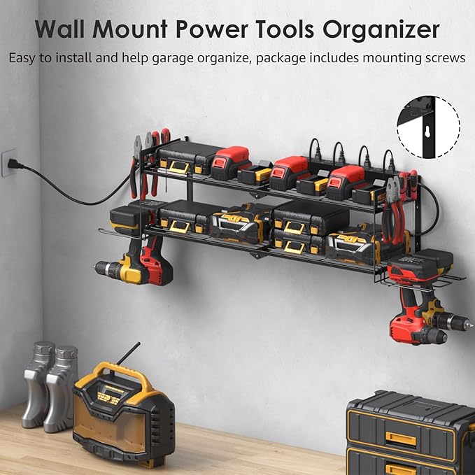 CCCEI Large Garage Tools Storage with Charging Station. Power Tool Battery Organizer Utility Shelf with Power Strip. 4 Drills Holder Wall Mount Rack.