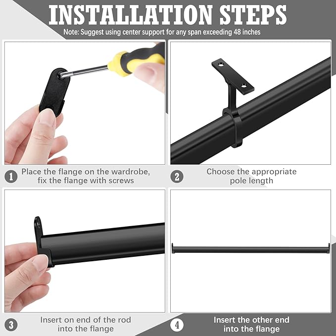 Tandefio Chrome Closet Rod 92 Inch with Oval Closet Rod 6 End Supports for Laundry Room Hanging Clothes Waterproof Shower for Curtains(Black)