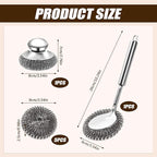 Steel Wool Scrubber with Handle, Cast Iron Scrubber, Stainless Steel Scrubber, with 5 Refills and Long Handle Stainless Pot Brush, Remove Dirt, for Cleaning Stoves, Sinks, Dishes, Grills, Bowls