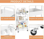 JIUYOTREE 3-Tier Plastic Rolling Storage Cart Utility Cart with Extra Hanging Cups Handles Lockable Wheels for Living Room Bathroom Kitchen Office White