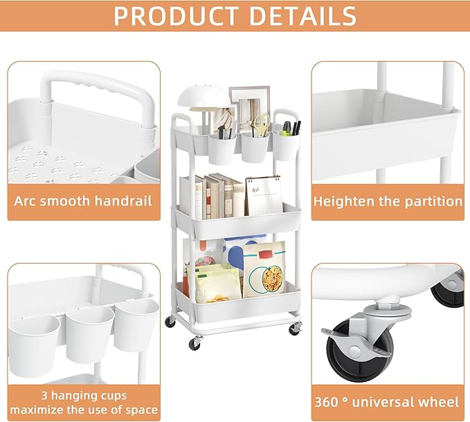 JIUYOTREE 3-Tier Plastic Rolling Storage Cart Utility Cart with Extra Hanging Cups Handles Lockable Wheels for Living Room Bathroom Kitchen Office White