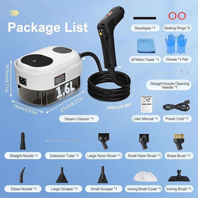 Handheld Steam Cleaner with Handle Button Control, 2500W High Pressure Steamer for Cleaning, 3-Level Adjustable, 15s Heat-Up, 1.6L Water Tank, Portable Steam Cleaning Machine for Home Car Dirt Grease