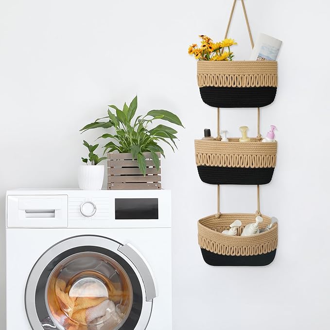 danpinera Over the Door Hanging Baskets for Organizing, 3-Tier Hanging Wall Basket for Storage, Woven Cotton Rope Baskets Storage Decorative for Nursery, Bedroom, Living Room, Kitchen, Jute & Black