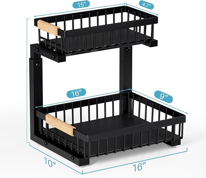 1 Packs 2 Tier Under Sink Organizers, Sliding Pull Out Cabinet Organizer Storage Shelf, Metal Drawer for Kitchen, Bathroom, Pantry Closet Organization Rack,Black