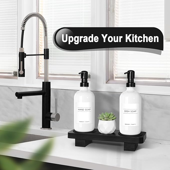 Hand Soap Dispenser for Kitchen, White Soap Dispensers with Stainless Steel Pump, Bathroom Soap Dispenser Set with Wood Riser Tray, Kitchen Dish Soap Dispensers Bathroom Decor(White)