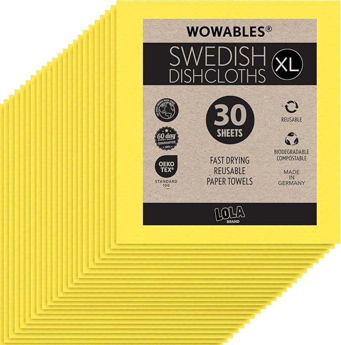 LOLA Wowables XL Swedish Dishcloths, 30 Reusable Eco Cleaning Cloths, 11" x 10", Ultra Absorbent Cellulose Sponge Towel, Compostable, Made in Germany