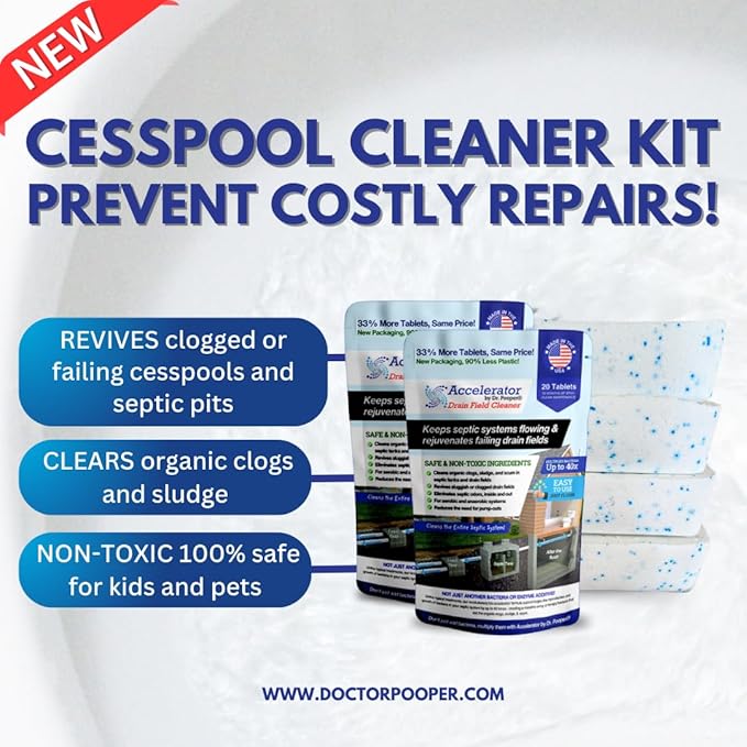 Cesspool & Septic Cleaner Kit by Accelerator by Dr. Pooper® - Commercial-strength bio-accelerator to get cesspools draining and flowing properly and keep them working | Made in USA | Safe & Non-Toxic