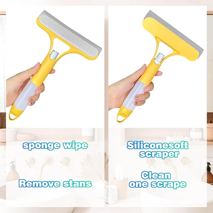 3-in-1 Window Squeegee with Sprayer – Professional Glass Cleaner Tool for Shower, Mirror, Car & Kitchen | Streak-Free Scraper with Ergonomic Handle & Large Capacity Bottle(Yellow + Blue + White)