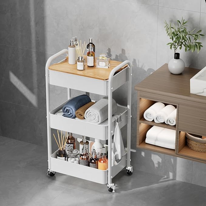 3 Tier Rolling Cart with Table top, Metal Rolling Utility Cart on Wheels, Sturdy Storage Organizer Cart with Hooks for Office, Classroom, Kitchen and Bathroom (White)