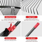 Rake for Leaves - Metal Leaf Rake for Lawn & Narrow Beds with Expandable Head 9-17", 75" Adjustable Long Handle for Children Adults No Pain Gardening, Portable Camping Rakes, Threaded Quick Install