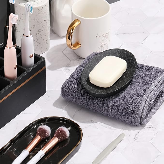 Shinowa Soap Dish, Resin Soap Saver Sponge Dish Tray Mini Storage Tray for Bathroom Bedroom Vanity Table Kitchen Counter-Top Organization, Gravel Black