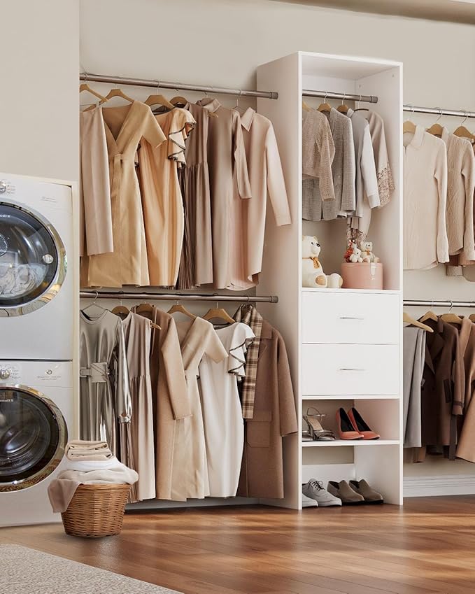 Closet System with Drawer, 5-8FT Closet Organizers System with 5 Adjustable Hanging Rods and Shoe Rack, Heavy Duty Walk in Closet Organizers and Storage with Drawers, White