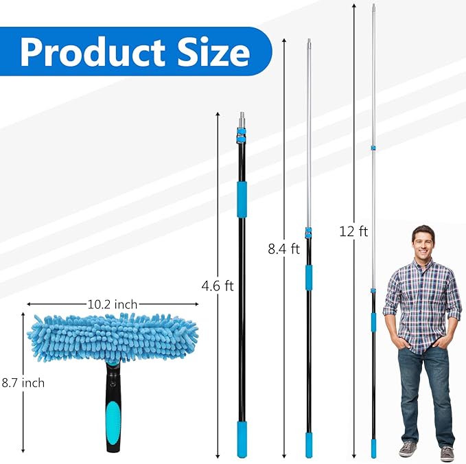 MAVRIZ 5-12 FT Window Washing Kit with Extension Pole, High Reach Window Cleaner Tool 2 in 1 Window Squeegee with Telescopic Pole for Indoor & Outdoor