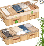 Livole 3 Pack Bamboo Under Bed Storage, 6-10 inches Height Adjustable Underbed Storage Containers, 92L XXXL Large Under Bed Storage Bins with Clear Lid & Label for Clothes, Blankets, Sweater, Shoes