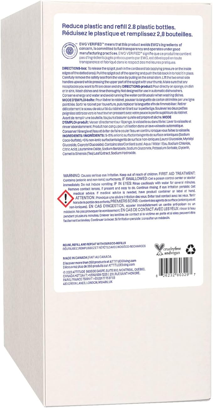 ATTITUDE Dish Soap Refill, EWG Verified, Plant-Based & Vegan Dishwashing Liquid, Naturally Derived, Unscented, 67.6 Fl Oz