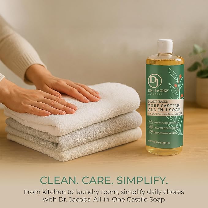 Dr. Jacobs Naturals Eucalyptus Castile All-in-One Cleaner and Soap - Plant-Based Formula for House Cleaning Floors and Appliances - Gentle on Skin and the Planet - 32 oz, 2 Pack