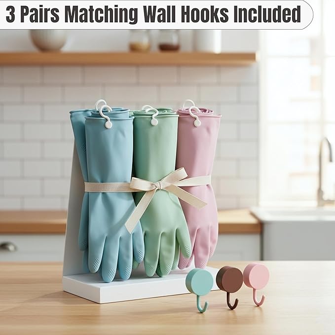 IMARU 3 Pairs Dishwashing Gloves with Hanging Hooks - Reusable Rubber Cleaning Gloves for Household & Kitchen & Gardening, Non-Slip & Waterproof & Durable (Large)