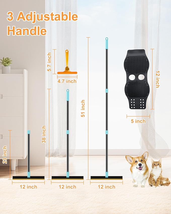 3 in 1 Carpet Rake for Pet Hair Removal Tool, 51” Adjustable Long Handle Pet Hair Removal Broom, Pet Grooming Brush, Cat Dog Hair Remover Carpet Scraper for Rugs, Mats