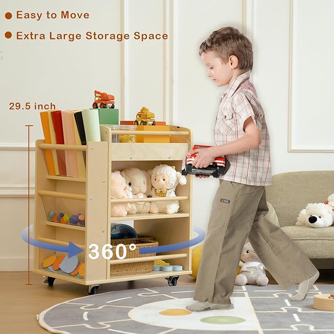 Art Activity Cart Wooden Rolling Utility Cart with Wheels 3-Tier Art Cart Organizer for Kids Multi-Functional Movable Birch Storage Cart Art and Crafts Supply Shelf Montessori Furniture