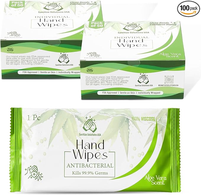 100 Individually Wrapped Hand Wipes – Aloe Vera Scent – 2 Convenient 50-Count Boxes | 100% Viscose, Eco-Friendly | Travel-Ready, Moisturizing