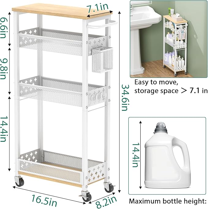 Slim Storage Cart 4 Tier Laundry Cart with Wheels, Narrow Metal Kitchen Rolling Carts Bathroom Organizers Storage Shelf with Wood Rack and Handle for Small Space