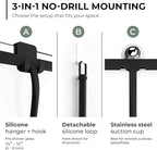 GÜTEWERK Silicone Shower Squeegee for Glass Doors & Mirrors with Stainless Steel Core, Streak-Free & No-Squeak Window Cleaning, 3-in-1 No-Drill Mount (Hook/Suction/Adhesive), Black, 9''