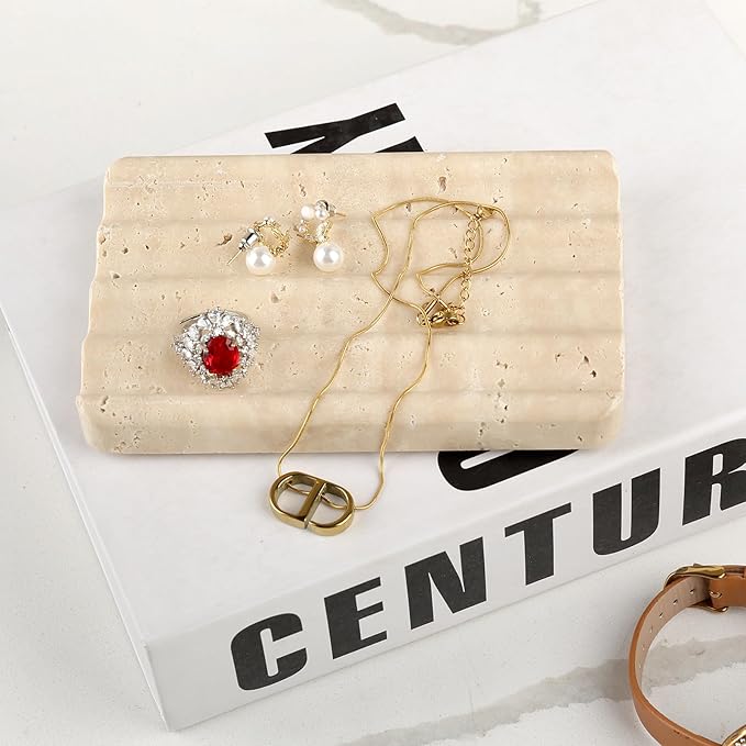 Marble Soap Dish, Beige Travertine Bar Soap Holder Shower, Brown Large Bathroom Soaps Saver, Easy Cleaning Natural Stone Sponge Holder for Kitchen Sink, Executive Jewelry Ring Tray