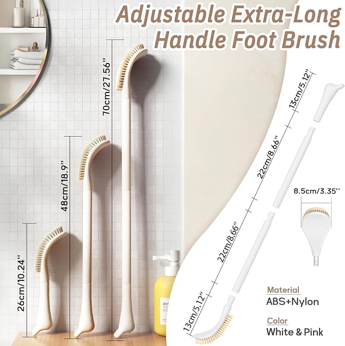 New Foot Brush & Foot Files Set(3PCS), 3-IN-1 Foot Scrubber with Long Handle, 10.2’’-27.5’’Adjustable Foot Scrub Brush and 2 Upgrade Foot File Callus Remover, Gift-Box Packed(White+2*Foot File)