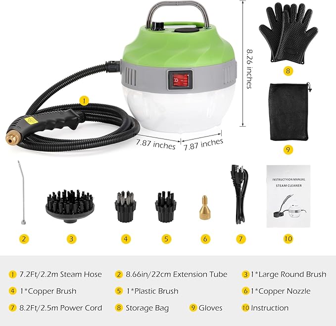 Dyna-Living Steam Cleaner 2500W Steamer for Cleaning with 1400ml Water Tank Steam Cleaner Handheld for Home Use, High-Pressure Steamer Cleaner for Car, Portable Car Steamer for Auto Detailing, Green