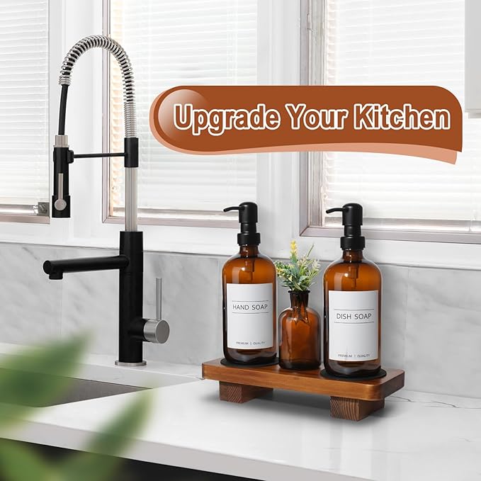 Kitchen Soap Dispenser Set with Wood Riser Tray, Amber Glass Soap Dispenser with Stainless Steel Pump, Hand and Dish Soap Dispenser Set for Kitchen, Soap and Lotion Dispenser Bathroom Decor(Amber)