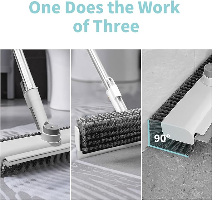 AIR U+ Floor Scrub Brush with Long Handle, 3 in 1 Scrape and Heavy-Duty Stiff Bristle Scrubber Brush for Cleaning Shower Bathroom, Patio, Garage, Kitchen, Wall and Deck