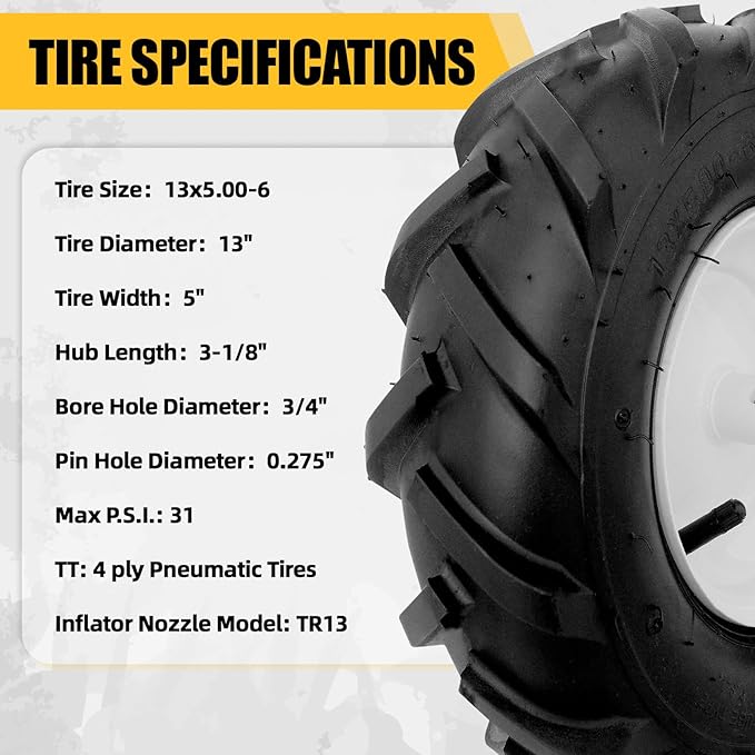 MZREXN 13x5.00-6" Tiller Tire and Wheel 2 Pack, 3/4" Axle Size, 3-1/8" Offset Hub, 4Ply Pneumatic, Compatible with Garden Trailer, Lug Tractor & Trencher, Tillers, and Lawn Mover Replacement Tire