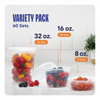 Stack Man [60-Sets] Plastic Deli Food Storage Containers with Airtight Lids Combo Set | 32 oz | 16 oz | 8 oz. | Disposable Plastic Takeout Containers for Soup - Freezer, Microwave and Dishwasher Safe