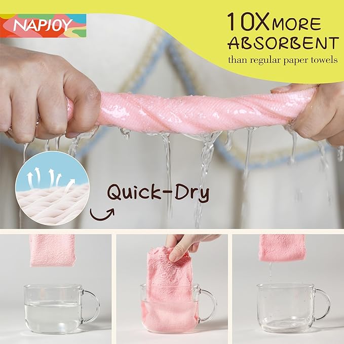 Napjoy Microfiber Cleaning Cloth Roll, 75PK Easy Tear Away Reusable Paper Towels, 12" x 12", Ultra Soft Micro Fiber Dish Cloths for Kitchen, Housekeeping, Window, Car, Garden, Bathroom, Pink