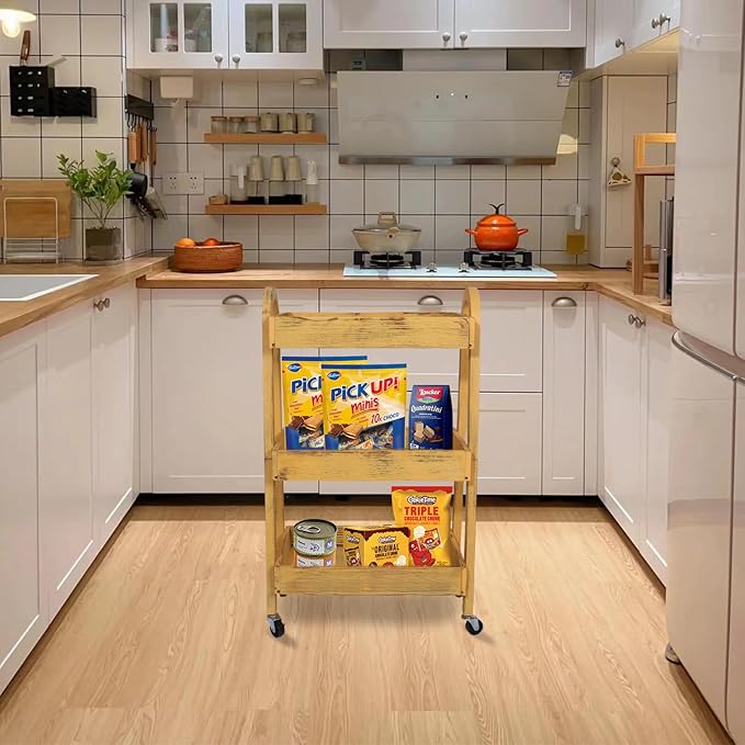 3-Tier Rolling Utility Cart with Lockable Wheels Storage Slim Storage Heavy Duty Cart Mobile Shelving Unit Craft Narrow Organizer for Bathroom Laundry Kitchen (Vintage Yellow)