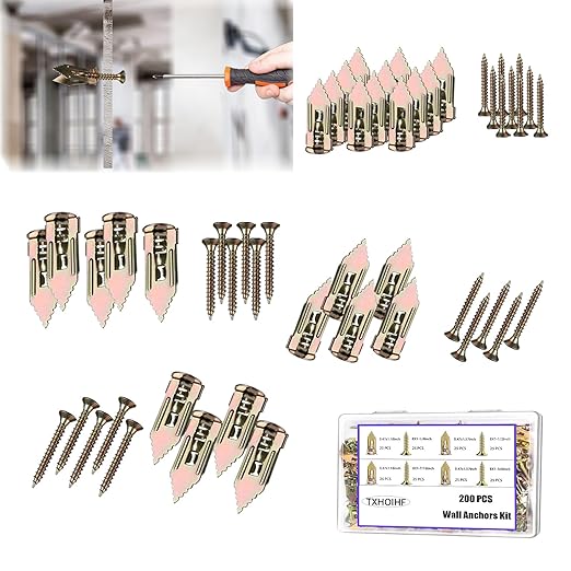 Self Drilling Drywall Anchors with Screws Kit 200PCS - 2 Sizes Sheetrock Anchors & 4 Sizes Screw Sizes New Upgraded Zinc Plated Steel No Drill or Holes in Wall for TV, Wall Hanging, Cabinets