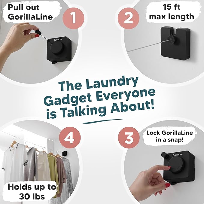 GorillaLine Basic - Retractable Clothesline Indoor Outdoor Clothes Line - Heavy Duty Clothes Drying Laundry Line - Wall Mounted Drying Rack - Air Dry Clothing - 15ft line Max Tighten with GorillaGrip